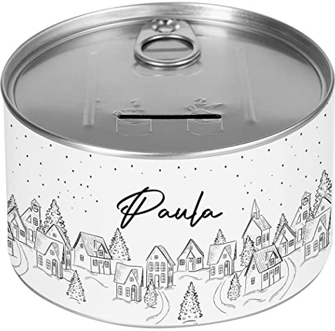 Herz & Heim® Spardose für Weihnachtsgeld/Konserve mit Etikett personalisiert verschneite Stadt