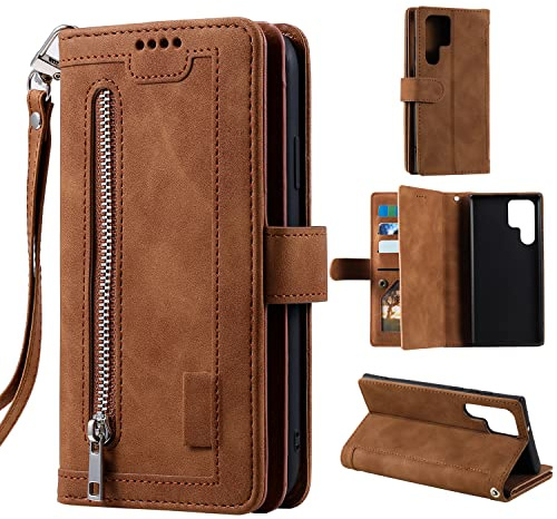 EYZUTAK Handyhülle für Samsung Galaxy S23 Ultra,Flip Case Lederhülle Reißverschluss Magnetverschluss Brieftasche mit 9 Kartenfächern Standfuntion Retro Matt Ledertasche-Braun