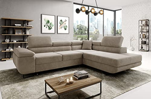 Sofa mit Schlaffunktion mit Bettkasten aus Cord - Ecksofa fur 3 Personen - ASTORP - Bequem Schlafsofa mit Kopfstützen - Modern Couch 277x203x100 cm - Ecke Rechts - Beige Poso 02 - MODERNO