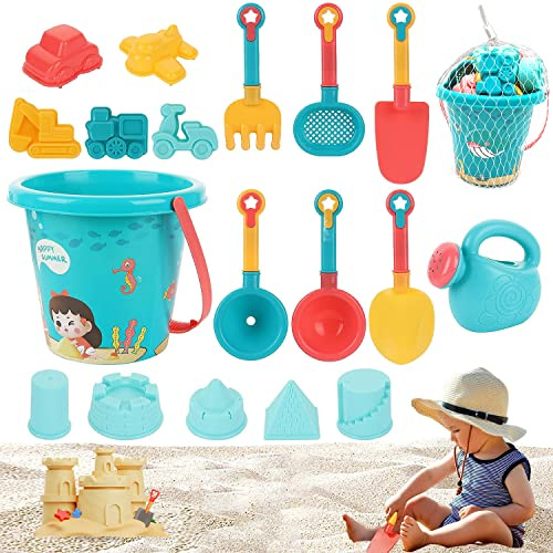 TUIBEIDAMAI Cubo Pala y Rastrillo Playa Niños,18 Piezas Juguetes de Playa para Niños, Set Cubo Playa Bebe,Juguetes Playa Bebe,Set de Playa para Niños,Cubo Playa con Moldes,Juego Cubo y Palas Playa