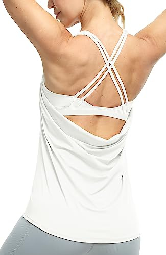 icyzone Dam sport yoga topp med bh – 2 i 1 fitness skjorta cross back gym sport linne topp, Vit, XL