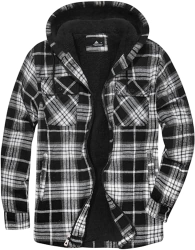 JACKETOWN Veste Polaire Homme Avec Capuche Chemise En Flanelle à Carreaux Veste Mi-Saison Chaude Doublée Manteau Décontracté Avec Poches Idéale Pour L’automne Et L’hiver