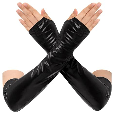 dPois Damen Wetlook Handstulpen Lang Fingerlos Handschuhe Lackleder Manchetten Cuffs Gothic Punk Zubehör Clubwear