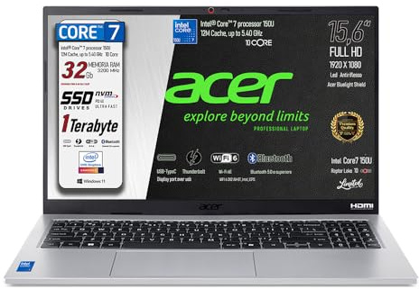 acer Aspire, Notebook Intel® Core™ 7 processor 150U 12M Cache, up to 5.40 GHz, Ram 32Gb, SSD Pcie 1Tb, Display 15,6 FHD Antiriflesso, BlueLightShiled, Type-c Display port over USB, Win 11 64Bit