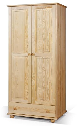 Meble Doktór Kleiderschrank Classic 80 aus Holz 180x83x60 cm mit Schublade - Groß Kleiderschrank - mit Kleiderstange - für das Schlafzimmer - Zur Garderobe und Halle - Lackierte Naturkiefer