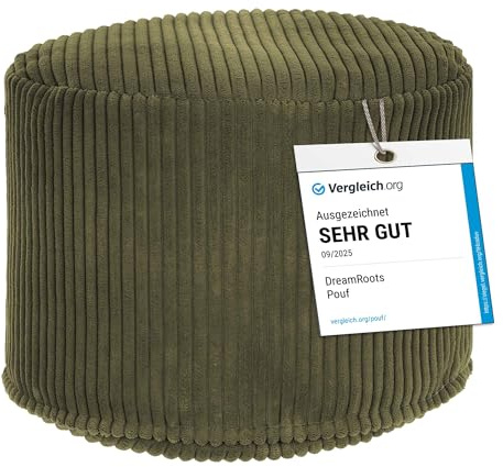 DreamRoots Cord Pouf Hocker rund 35x35x25 cm, Dark Olive | Runder Bodenstuhl, Sitzkissen Boden, 380 g/m², für Wohnzimmer, Schlafzimmer & Homeoffice, waschbar, Fußhocker