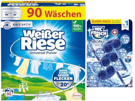 Weißer Riese Universal Pulver (50 Waschladungen), Vollwaschmittel wirkt riesig stark gegen Flecken, Kalt-Aktiv schon ab 20° C + WC Frisch Kraft Aktiv Duftspüler Blau Chlor (1x150g)