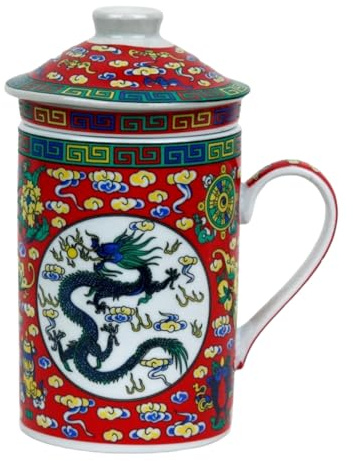 Keramik Teetasse mit Deckel + Sieb für Losen Tee mit Asiatischem Motiv (Roter Drache, 496) Japanische Chinesische Tasse Für Teeliebhaber, Porzellan Kaffee Geschenk Set Asien Asia Becher Haferl