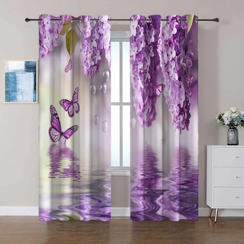 PúRpura Termicas Ventana para Infantil 2 Piezas 110 x 215 cm Mariposa Lila Flor Estilo Natural Cortinas Dormitorio Salon con Ojales Hogar Decor Termicas Aislantes, Cortinas Opacas Habitacion Juvenil