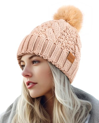 PIOZAED Women's Winter Pompom Beanie Warm and Cozy Knit Hat Fleece Lining Skull Cap for Women
