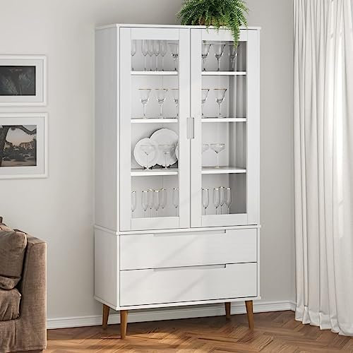 KOIECETA Vitrinenschrank MOLDE Braun 90x35x175 cm Massivholz Kiefer (Weiß)
