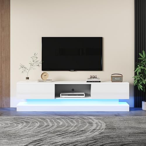 Azkoeesy 160cm TV-Schrank in Hochglanz, mit LED-Beleuchtung, 2 Schubladen, Moderner Lowboard, TV-Board, Fernsehschrank, Fernseher Kommode, für 60-Zoll-Fernseher (weiß)