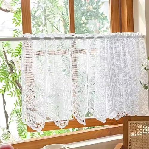 Devola Scheibengardinen Jacquard Gardinen Spitze Kurz Landhausstil Bistrogardine Blumenmuster Kleine Küchengardine Kaffee Vorhänge Kurzstore mit Lochleiste HxB 45x120cm Weiß 1 Stück