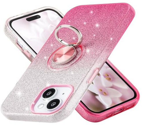 wisdompro Glitter Case for iPhone 15, 14 and 13 with Ring, Gradient Pink | Bling Sparkle Case for Girls Women, with Stand, Cute Sparkly Girly Phone Cover for iPhone 15/14/13 (6.1 Inch), Anti-Scratch