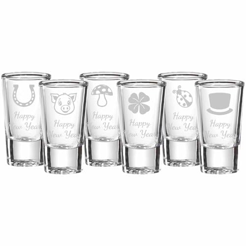 LUXENTU Stamper mit Gravur, Silvester-Motive, 30 ml, 6 Stück | Personalisierte Schnapsgläser mit Lasergravur, Party-Set, Geschenk für Freunde & Familie, Schotgläser für 2 cl