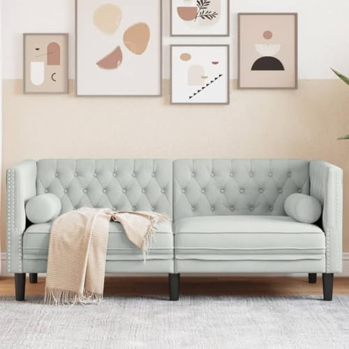 Willood Chesterfield-Sofa mit Nackenrollen 2-Sitzer Couch mit Armlehnen Rückenlehne Stützbeine, Polstersofa für Wohnzimmer, Couchgarnitur Hellgrau Samt