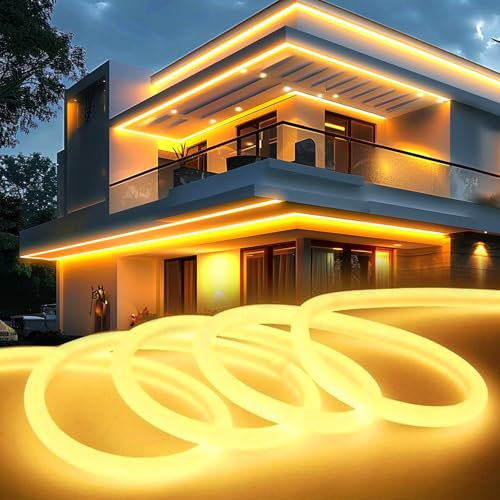 KSIBNW LED Strip Light 5m/16.4ft Outdoor Waterproof, Warm White 320° Glow Neon LED Strip Lights Outside IP65 Flexible 220v-240v Cuttable Rope Strip for Garden Kitchen Outdoor Indoor Decor, 3000K