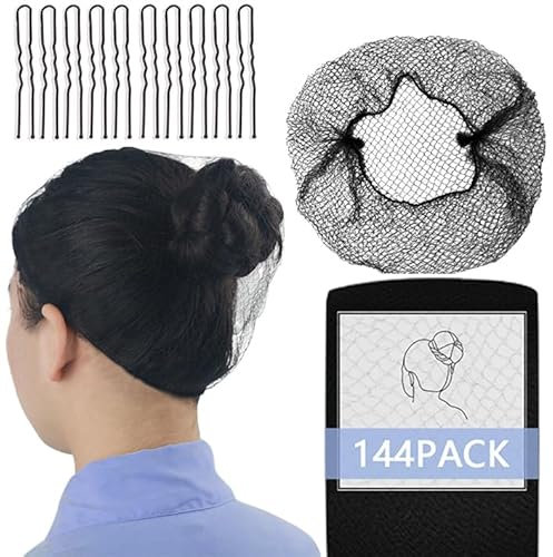 150Pcs Hair Net Black Set - 24 inches Invisible Elasticity Elastic Mesh Nylon Hair Net 144 Pcs - Kitchen Food Service Worker, Ballet Bun,with 10pcs U Shaped Hair Pins 2.4inch
