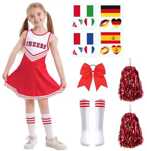 SFNN 5er Set Cheerleader Kostüm Kinder,Cheerleadering Outfit Mädchen mit Pompoms,Socken,Tattoo-Aufkleber und Kopfschmuck,Cheerleading Uniform Kleid,Kinder Cheerleadering für Karneval Party