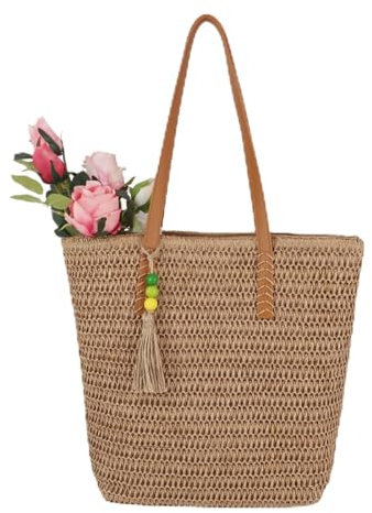 Mervokl Strandtasche Damen Geflochtene Tasche aus Papierseil mit Ledergriffen und Reißverschluss Große Beach Bag für Sommer Urlaub und Strand – Leicht & Stilvoll