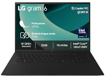 LG Gram 16Z90TL-G.AZ78F - PC Portable 16 1239g, écran DCI-P3 99% QHD+ Format, Intel® Evo™ Ultra7, RAM 32Go, SSD 1To NVMe, Intel® Arc™ Graphics, Win 11 Pro Next Gen Premium, Noir Obisidien