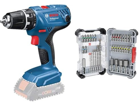 Bosch Professional 18V System Akku Bohrschrauber GSR 18V-21 (max. Drehmoment: 55 Nm, ohne Akku/Ladegerät) + 35x Extra Hard Schrauberbit‑ und CYL-3 Bohrer-Set, 35‑tlg. (197 x 110,5 mm)