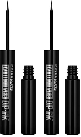 Maybelline New York Eyeliner, Tattoo Liner, Dip-Ink Black Track, flüssig, wasserfest, langer Halt, intensive Farbe, extra pigmentiert, mit extra präzisem Filzapplikator – 2 Eyeliner