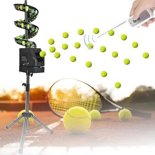 FJYAWEN Lanceur De Balles De Tennis avec Base Triangulaire Et Télécommande, Vitesse Réglable, Port De Lancement Automatique, Adapté à Tous Les Niveaux De Compétence