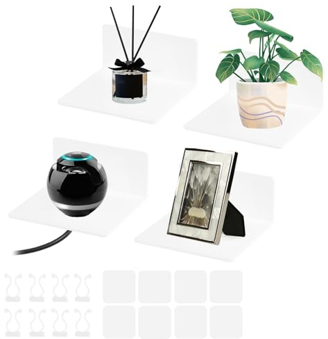 GlauStalos 4 Pezzi Mensola da Muro Senza Foratura, Scaffali Acrilici da Parete con Foro Cavo, Moderne Design Mensola Adesive Mensolina in Acrilico per Bagno, Camera, Cucina, Salotto 30x10x5cm