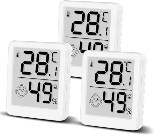 Lot de 3 thermomètres hygromètres numériques avec smiley et écran LCD pour l'intérieur - Mini humidimètre - Capteur de température haute précision pour chambre de bébé, intérieur, bureau, salon (3)