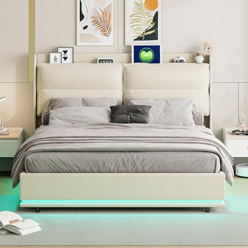 Dubbelsäng 160 x 200, LED, förvaring, sammetstyger, sänggavel, lamellbotten, ungdomssängar, beige C