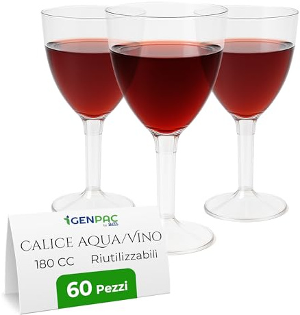 G.M. DISTRIBUZIONE 60 Calici 180cc Plastica Rigida Trasparente Vino Acqua - Base Staccabile, Riutilizzabili, Lavabili a mano, Made in Italy, BPA Free - Bicchieri Feste, Catering, Party