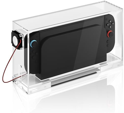 Geekria Dust Cover Compatible with Nintendo Switch 2/ OLED, Acrylic Protective Desktop Case with Quiet Cooling Fan, Anti-Scratch Clear Shell - Easy Access to All Ports (Clear)