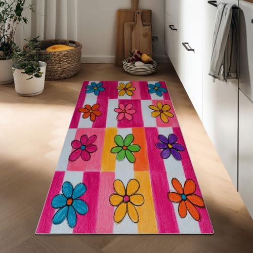 Children'S Drawings Hallway Runner Rug 60 x 120 cm, Indoor Absorbent Kitchen Rug Mat Patchwork Checks Flowers Stripes Washable Non Slip Hall Runners Narrow Carpet for Entryway Bedroom Laundry Room