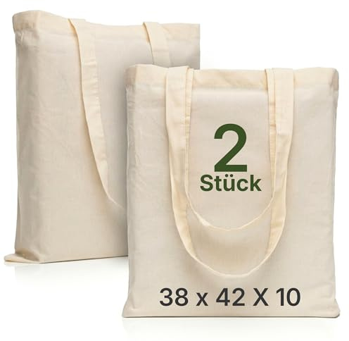 LEATEX große Baumwolltasche 38×42×10 cm – 145 g/m² - Stofftasche mit breitem Boden – unbedruckt zum Bemalen & Bedrucken – Einkaufstasche & Jutebeutel-Alternative – 2er Pack