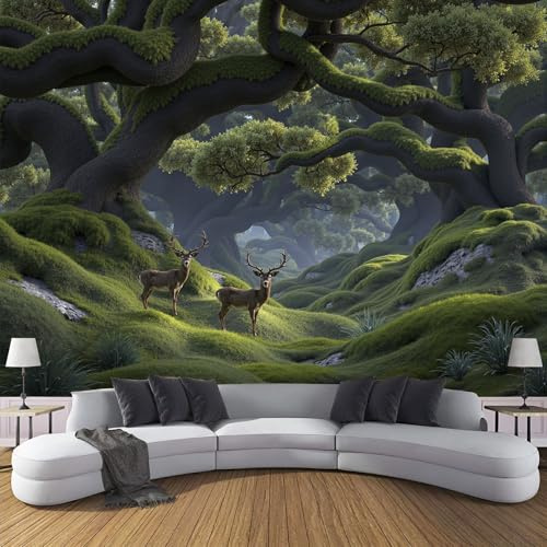 DACRWEKZ 3D Panoramic Wall Mural Trees, Plants, Deer Photo Wallpaper, The Jungle Book Photo Wallpaper Silk Wall Art, Yellow Green Green Mural for Bedroom Living Room Decor 450 x 315 cm