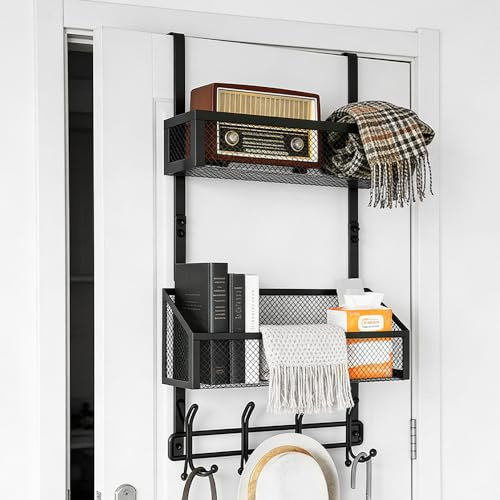 Zuxbolf Türgarderobe zum Einhängen Türhaken Innenseite mit 12 Haken & 2 Körben Kleiderhaken Türorganizer Tür Hängeregal Starke 25kg Türregal Ohne Bohren Türhakenleiste für Bade Schlafzimmer Küche