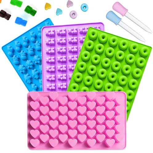 Simsky 4 Stück Gummibärchen Form Selber Machen, 4-teiliges Silikonformen Set mit 2 Pipetten, Bonbonformen für Schokolade, Jelly, Gelee, Herz Stern Bär Formen, Einfache Reinigung