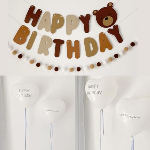 Fesnova Bär Happy Birthday Girlande Set,Girlande Geburtstag Braun Beige,Buchstaben Banner mit Ballons und Filzball Girlande,für Waldtiere Geburtstag Party Dekoration,Baby Shower,Kindergeburtstagsfeier