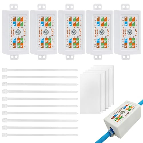 ZAYIO 5PCS RJ45 Cat 6 Junction Box Set, Inline Punchdown Cable Joiner for Extending Ethernet Cables, Compact Junction Box Design Supports Stable Network Connection for Home Office Wall Installation
