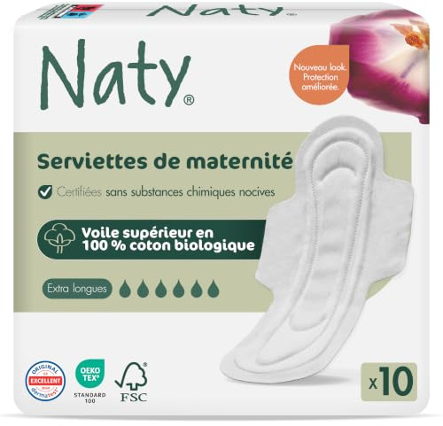 Naty Compresas postparto con alas, 100% algodón orgánico en la piel, 10 uds