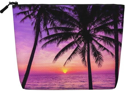 Palm Trees at Sunset Travel Cosmetic Case Fake Hemp Large Capacity Zippered Bag Water Resistant Daily Organizer
