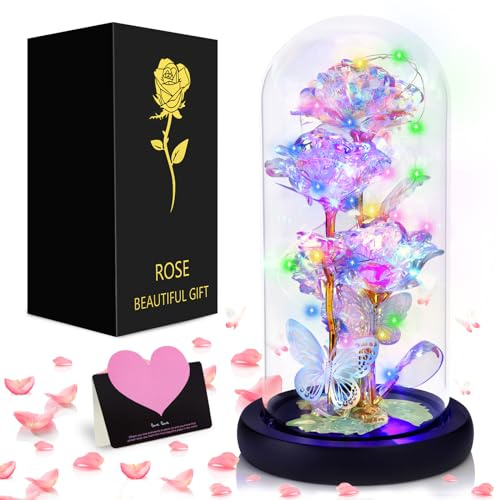 ZLPBAO Rose Eternelle sous Cloche avec LED Lumières, La Belle et la Bête, Rose Fleur de Noël, Fleur Artificielle Cadeau pour Femme Maman Mère Grand-mère, pour Fête des Mères, Mariage, Anniversaire