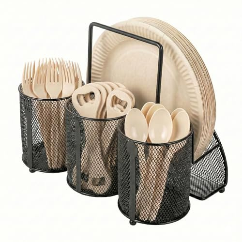 EVERGOODS Utensil Caddy with 4 Compartments, Metal Cutlery Holder for Fork Spoon Napkin & Paper Plates, Portable Flatware Organizer for Kitchen Countertop, Buffet, Party, Picnic, Black