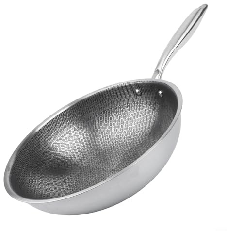 Rackumic Wok de acero inoxidable con fondo no redondo de 30 cm, apto para horno de gas de inducción, apto para lavavajillas, gran capacidad, color plateado para cocina casera (30 cm, acero individual)