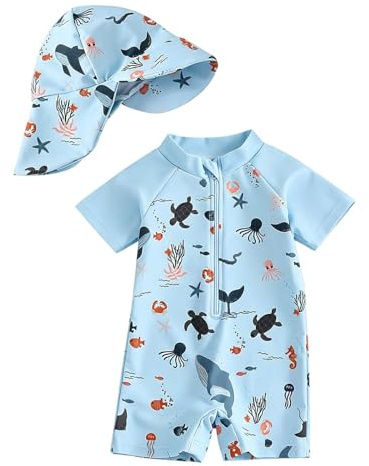 Generico Costume da Bagno Intero per Bambini con Tuta da Nuoto a Maniche Corte e Cappello Bagno Set da Sole Protezione dai Raggi UV Costume Piscina Neonato Mare