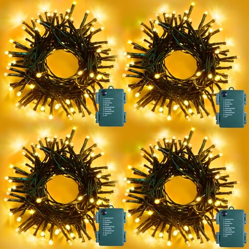 Weecrestar 4 Pack Each 5M 60 LED Battery Operated Christmas Tree Lights | 8 Modes Indoor Outdoor Cluster String Lights with Timer Dark Green Wire Fairy Light Xmas Patio Bedroom (Warm White)