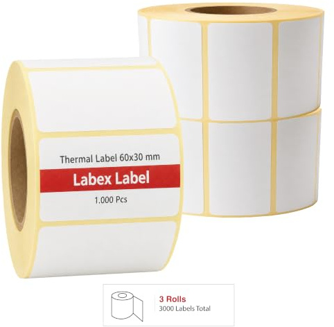 Thermoetiketten 60x30 mm auf Rolle – Produktetiketten Inventaretiketten – 3 Rollen 3000 Etiketten – Thermodirekt ohne Farbband – kompatibel mit Zebra, TSC, Godex – Labex Label