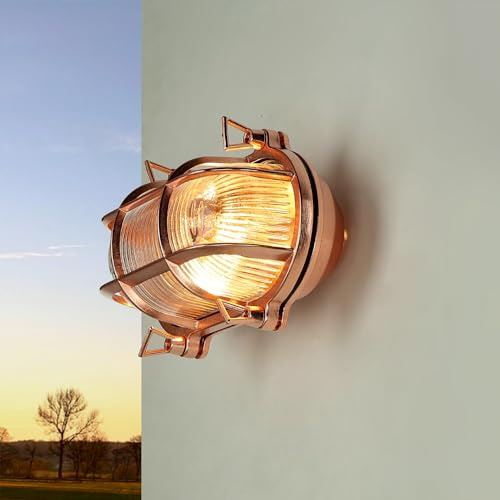 Licht-Erlebnisse Außenwandlampe Messing Glas in Kupfer IP64 Garten Hof H:13 cm E27 geriffelt Maritim nostalgische Außenleuchte Terrasse SKIATHOS