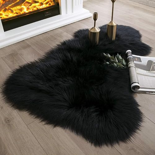 JXLOULAN Faux lammskinn, fårskinn, matta, svart, 75 x 120 cm, långhårig fluffig matta, vardagsrumsdekoration, mjuk päls, matta för stolar, soffa, sovrum, barnrum